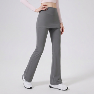 Women 2-in-1 Skirt <b>Flared</b> Yoga Pants High Waist Ruched Drawstring Butt Lifting Soft Naked Feel Pilates Daily Workout <b>Leggings</b> - Product Image 2