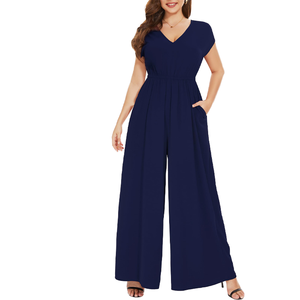 POVTY - Pantalones Anchos Formales de Verano para Mujer, Talla Grande, con Estampado Personalizado, Elegantes e Informales, Cuello en V, Manga Corta, con Bolsillos - Product Image 1