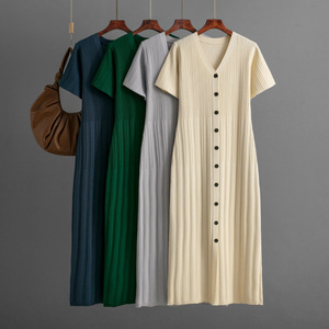 Vestido Casual de Verano para Mujer, Estilo 2026, Cuello en V, Manga Corta, Cintura Larga, Ajustado, Tejido de Punto, Color Puro - Product Image 1