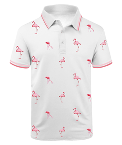 Ropa de Golf Personalizada con Estampado Completo para Hombre, 180 GSM, 100% Algodón Tejido, Estilo Resort, con Estampado de Flamencos y Cuello Premium - Product Image 1
