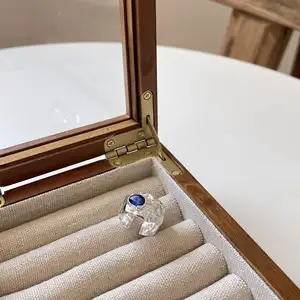 Cincin perak murni ebay bertekstur palu tidak beraturan Korea cincin batu permata safir biru oval besar chunky