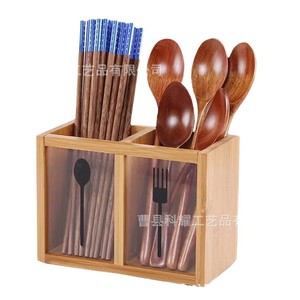 Wooden Chopstick Holder Double Compartment <b>Kitchen</b> Utensil <b>Storage</b> <b>Rack</b> Multifunctional Countertop Organizer Rectangular - Product Image 5