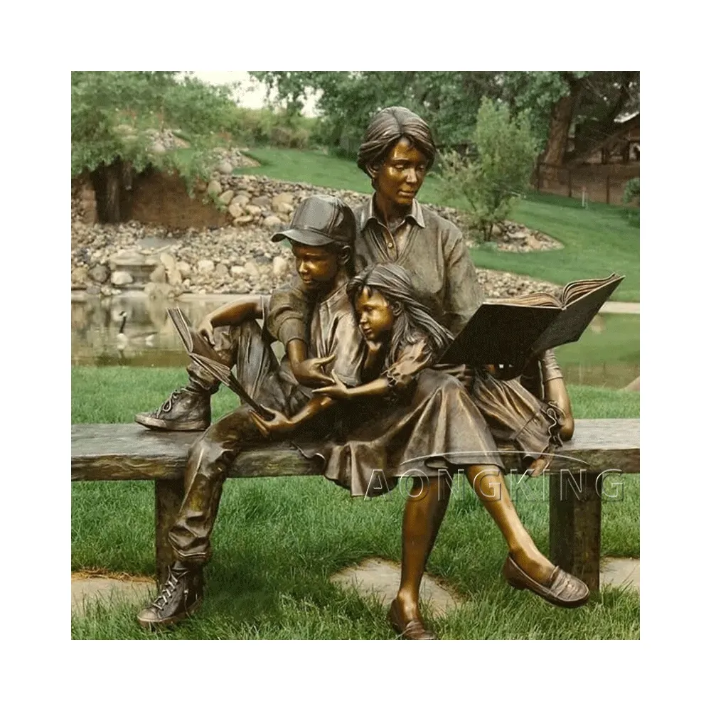 Estatua de bronce para decoración de jardín al aire libre, escultura de libro de lectura para madre e hijo, a la venta