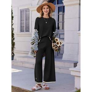 Ensemble de vêtements en tricot à bordures contrastées, ensemble de pull noir pour femmes - Product Image 2
