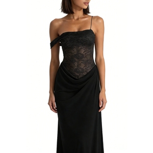 เดรสยาวผู้หญิงแบบไหล่เดียว แต่งผ้าลูกไม้ คอร์เซ็ทซีทรู กระโปรงจับจีบ ชุดราตรีออกงาน แฟชั่น - Product Image 2