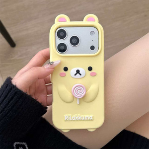 Cute Rilakkuma Bear Silicone Phone case for iPhone 17 16 15 14 13 Pro Max Spinning Lollipop Rotating Rubber Cartoon back Cover - Product Image 2
