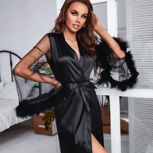 Enyami Frauen Nacht kleid Weißes Kleid Kleid Satin Robe Feder getrimmt Langarm Elegante Brautkleider Seiden roben Frauen