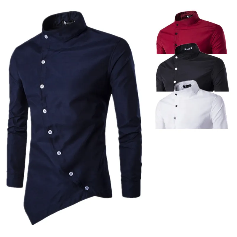 Men New Arrival Court Style Oblique Placket Design Shirt Long Sleeve Stand Collar Button Solid Color Casual Shirt