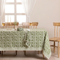 Nappe Rectangulaire en Coton Pur Vintage à Imprimé Botanique Vert et Blanc pour Salle à Manger et Cuisine de Ferme