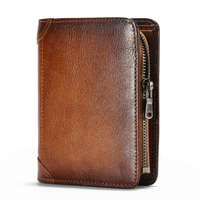 Dompet Lipat Dua Ritsleting Kulit Asli Pemegang Kartu Kredit RFID Dompet Ramping Bifold Saku Koin Kulit Sapi Anti-maling untuk Pria