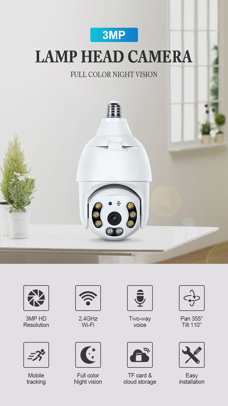 Glomarket 3MP WIFI Lamp Bulb IP Camera Night Vision PTZ Security Camera CCTV Video Surveillance work with Tuya Smart Life