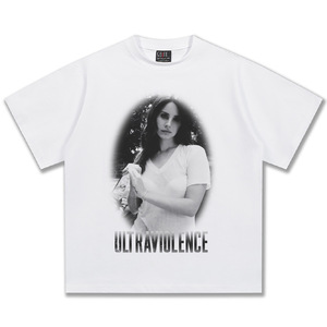 Camiseta Gráfica con Retrato de Lana Del Rey Ultraviolence en Blanco y Negro para Hombre, 300GSM, Cuello Redondo Doble, Estilo Indie Oversize - Product Image 6