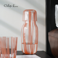 Bouteille d'eau en verre rayée avec couvercle et ensemble de tasses, carafe en verre à rayures verticales, vaisselle pour la maison, l'hôtel, logo personnalisé OEM