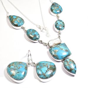 18 "Pouces Bleu Cuivre Turquoise 925 Collier En Argent Sterling Boucles D'oreilles Ensemble Fabriqué À La Main En Gros Artisan Inspiré Bijoux - Product Image 3
