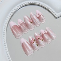 Z1378 Faux Ongles à Presser Rose Œil de Chat Motif Fleur Française Fraise Style INS Doux et Tendance pour Filles en ABS Premium Vente en Gros Stock Prêt