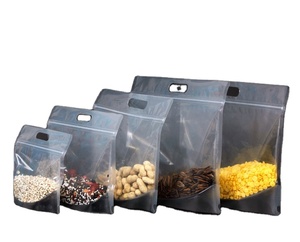 Plastic Transparent Glossy Or Frosted Doypacks With Handle Self Adhesive Stand Up Pouch Food Packaging Bag For Snack Candy Tea