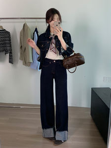 YUANBOFEI Jeans Baggy pour Femmes, Pantalon en Denim à Jambes Larges, Ourlet Replié, Bleu Foncé, Décontracté, Streetwear, Vêtements Esthétiques Féminins - Product Image 2