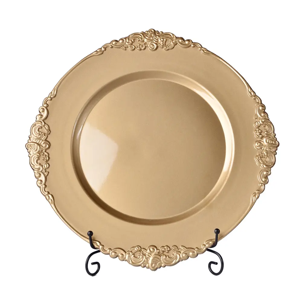 Оптовая продажа, старинные золотые свадебные пластиковые тарелки для зарядного устройства для ресторана