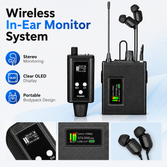 EM-12R Portable Wireless In-Ear Monitor System Professional for Live Stage, Band Rehearsal, Home Studio