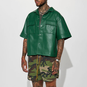 OEM Tùy Chỉnh Màu Xanh Lá Cây Túi-Túi Nút Cắt Ngắn Tay Áo PU Faux Áo Sơ Mi Da Cho Nam Giới - Product Image 1