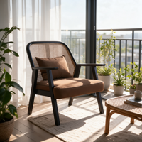 Nordischer Rattan-Sofa-Sessel, Einzelner Akzent-Armlehnstuhl, Moderner Minimalistischer Loungesessel für Wohnzimmer, Braun