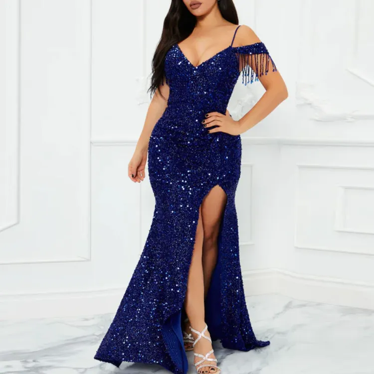 Royal Blue Plus Size Evening Dress Sequin Formal Long Gown Modest Evening Dresses Women Lady Elegant
