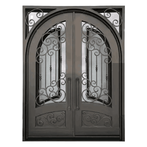 Porte en fer forgé avec vitrage cintrée, design classique à motifs en spirale, porte d'entrée résistante aux intempéries pour projet de villa - Product Image 1
