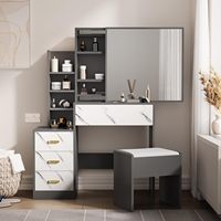 Table de maquillage moderne bureau 4 tiroirs 3 ouverts 3 étagères cachées gris foncé blanc coiffeuse miroir tabouret pour chambre salon