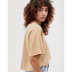 Camiseta recortada <span class=keywords><strong>de</strong></span> gran tamaño <span class=keywords><strong>de</strong></span> algodón 100%, <span class=keywords><strong>dobladillo</strong></span> escalonado en Beige con costuras en contraste, camisetas para mujer - Product Image 3