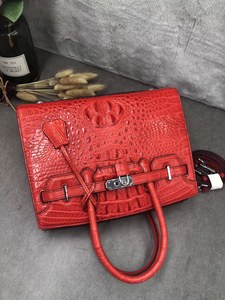 Bolso de mano de piel de cocodrilo auténtica, bolso tipo satchel con asa superior roja, bolso con cierre de tornillo plateado, bolso con correa de hombro extraíble - Product Image 3