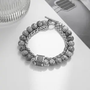 Layered Natural Stone Beaded Bracelet For Men Jewelry 316L Stainless Steel Cable Chain Bracelet With Toggle Clasp