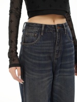 Pantalon en denim à jambe droite délavée vintage pour femme dans le style de rue Y2K Look décontracté avec décoration brodée
