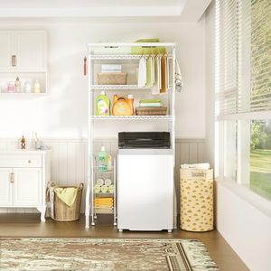 Organizador de Almacenamiento <span class=keywords><strong>para</strong></span> Lavandería, Tendedero de Ropa de 4 Niveles con <span class=keywords><strong>Estantes</strong></span> de Alambre, Cesta de Alambre, Barra <span class=keywords><strong>para</strong></span> Colgar, Gancho, Estante Ahorrador de Espacio - Product Image 1