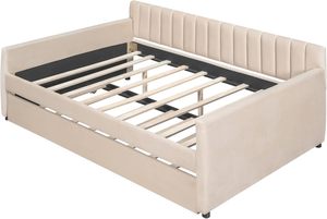 Canale verticale trapuntato testiera Full Size Daybed telaio strascico imbottito in velluto <span class=keywords><strong>Beige</strong></span> divano <span class=keywords><strong>letto</strong></span> per soggiorno camera <span class=keywords><strong>da</strong></span> <span class=keywords><strong>letto</strong></span> - Product Image 6