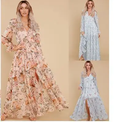 Vestido largo de gasa con manga larga para mujer, vestido largo con estampado floral, escote en V profundo, abertura frontal