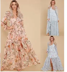 women's long sleeve button down printed chiffon tiered maxi dress long sleeve floral printed deep V neck open front dress