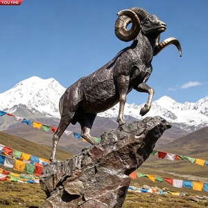 YOUFINE Statue de mouton cornu grandeur nature en bronze sur socle rocheux, sculpture de faune pour parc de <span class=keywords><strong>montagne</strong></span> et réserve naturelle - Product Image 1