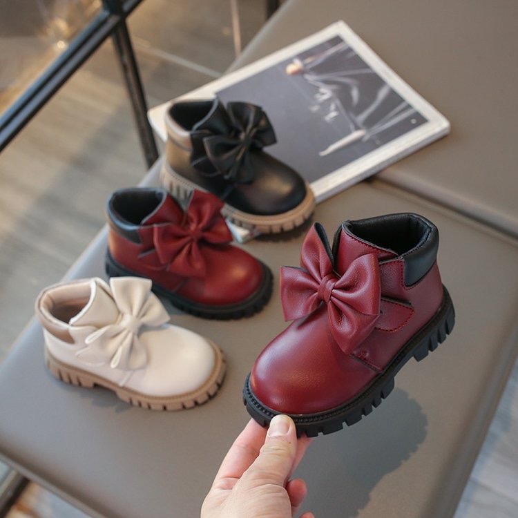 2025 Autumn Winter Girls Leather Boots New Children's Western British Style Soft Bottom Bow Ankle Boots All-Match Princess Boots