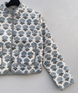 Handmade Quilted <b>Kantha</b> Cotton <b>Jacket</b> Floral Print Embroidery Knitted Technique Stand Button Reversible Short Trendy Winter Coat - Product Image 6
