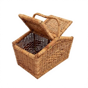 Panier de rangement en rotin avec couvercle et poignée, forme rectangulaire, fait main, pour salon, boîte d'organisation multi-usages - Product Image 3