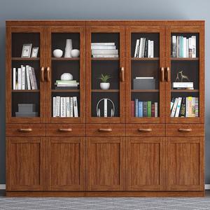 Okusu Furniture <b>Solid</b> Walnut <b>Wood</b> <b>Bookcase</b> With Drawers 5 Door Modern Chinese Style Home Library Storage Shelf - Product Image 1