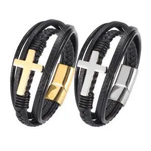 Braccialetti da uomo in pelle nera multistrato di vendita calda SC braccialetti con braccialetti incrociati in acciaio inossidabile con nome personalizzato gratuito