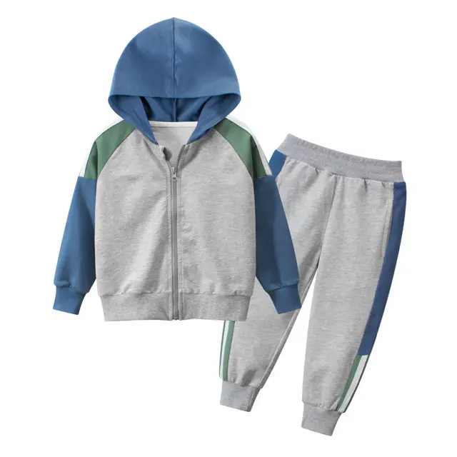 Moda yürümeye başlayan bebek çocuk çocuk 2 adet Outifit seti özel Logo renk bloğu uzun kollu Zip Hoodie + pantolon erkek giyim seti