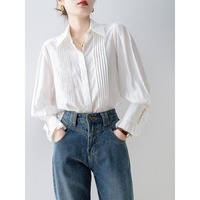Nouvelle Collection Printemps 2026 – Blouse Blanche Plissée en Gros pour Femme, Manches Ballon, Boutons Perle, Style Chic Français, Élégante et Décontractée, Manches Longues
