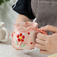 Tasses à Thé et Eau Créatives en Relief, Adorables, Vente en Gros, Tasses à Café en Céramique Peintes à la Main avec Fleurs et Nœuds pour Mariages et Fêtes