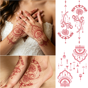 Autocollant de tatouage au henné temporaire brun-rouge, écologique, non toxique, à transfert d'eau, motif dentelle cramoisie, pour la décoration corporelle - Product Image 1