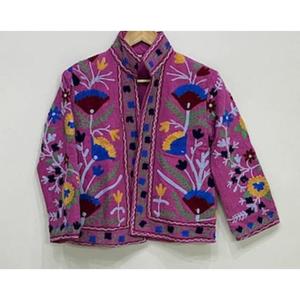 Elegant <b>White</b> TNT Suzani Neck Short <b>Tweed</b> <b>Jacket</b> Floral Embroidery Quilted Stylish Fashion for Winter New Arrival Cotton Fabric - Product Image 1