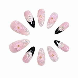 Faux ongles à presser en forme d'amande, motif fleur rose, couvrance totale, avec paillettes et strass, pré-conçus pour les doigts - Product Image 2