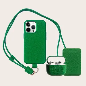 आईफोन 15 शॉकप्रूफ के लिए स्ट्रैप के साथ क्रॉसबॉडी डोरी कस्टम असली लेदर फोन केस
