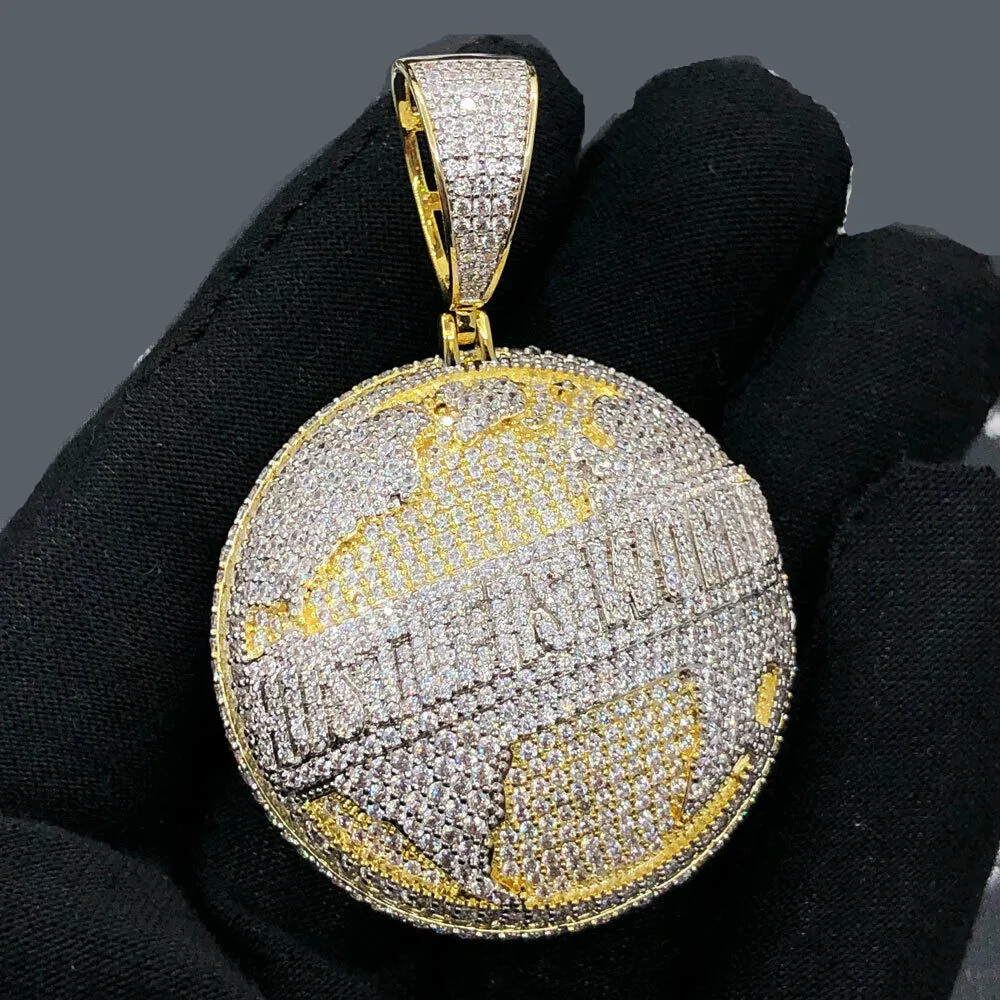 Hustders World Globe pendentif bicolore plaqué or Micro Pave 5A CZ carte ronde Hip Hop hommes collier